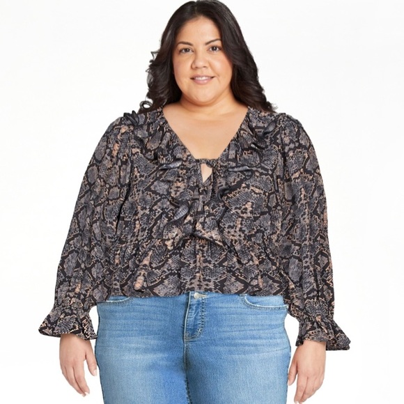 Scoop Black Python Print Ruffle Blouse Size XXL 3X (22) with Tie Front - Picture 3 of 8